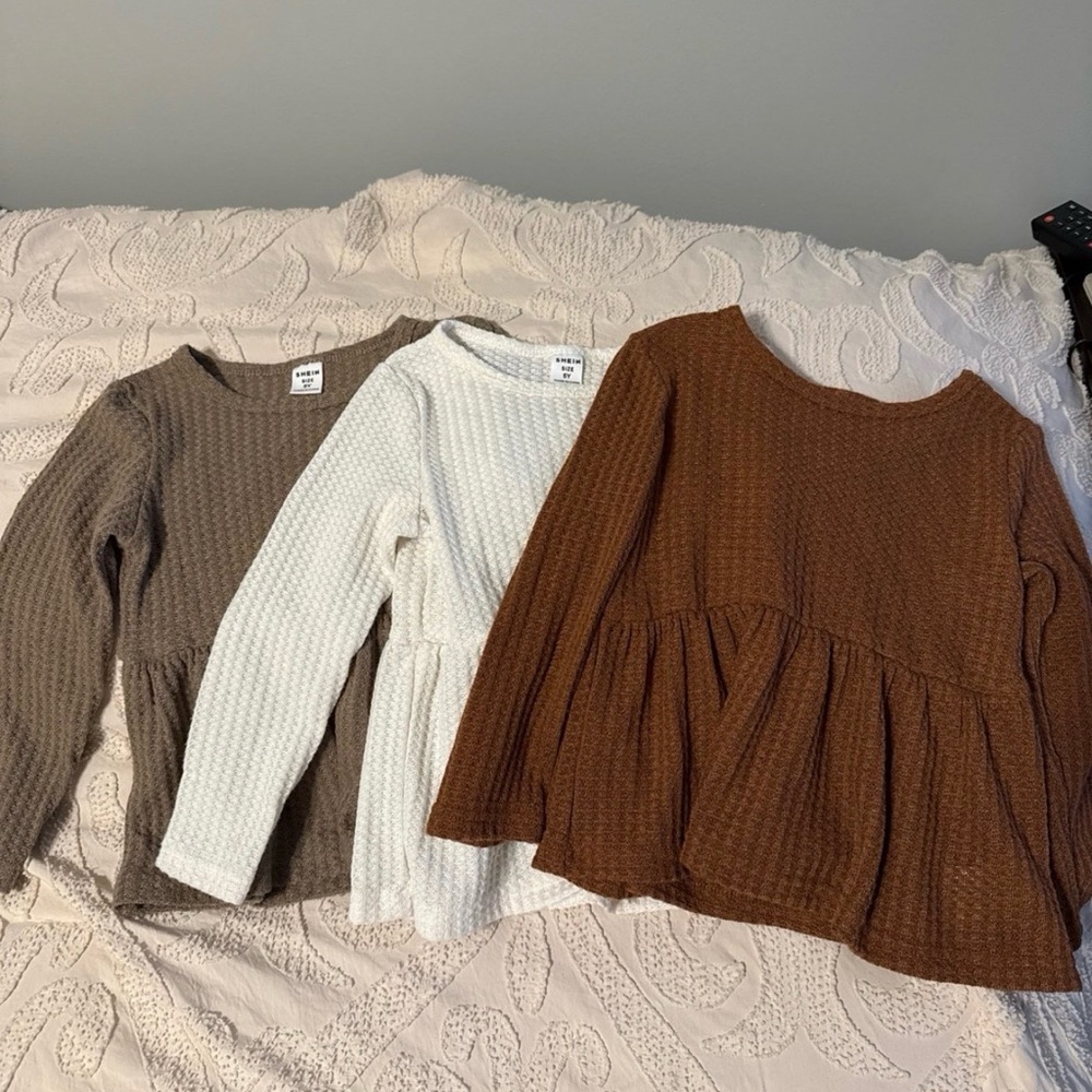 Kids' Waffle Knit Peplum Tops - Brown, Cream, and Tan